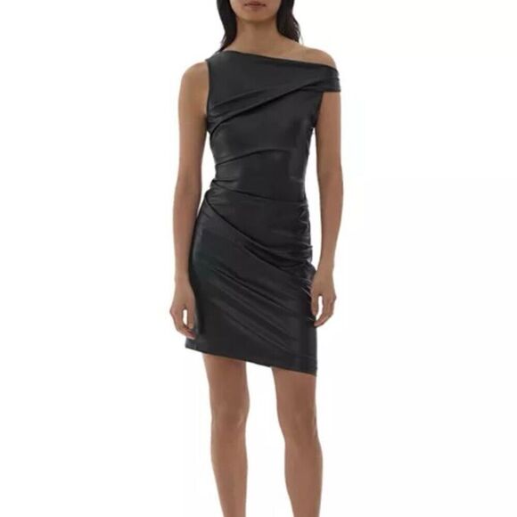 Helmut Lang Black Faux Leather Asymmetrical One Shoulder Dress NWT Size Large - Picture 1 of 8
